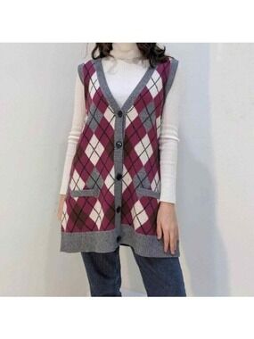 Cabi Gray Rasberry Argyle Sleeveless Vest small NWT New
